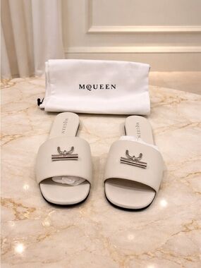 Alexander McQueen White T-bar Slip on Slide Sandals with Silver Accent